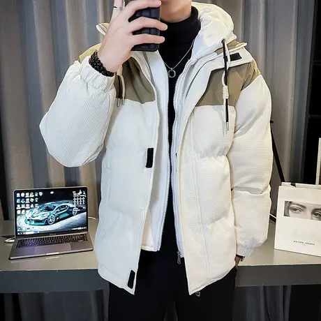 假两件棉服男冬季新款撞色拼接宽松加厚运动连帽工装棉衣潮牌外套商品大图