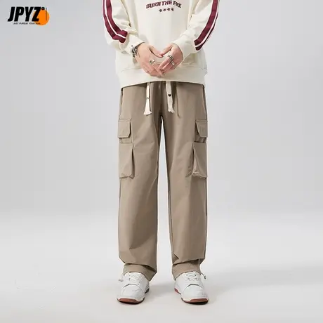 男生工装休闲裤多口袋抽绳束脚可直筒大休闲百搭潮牌卡其色长裤子图片