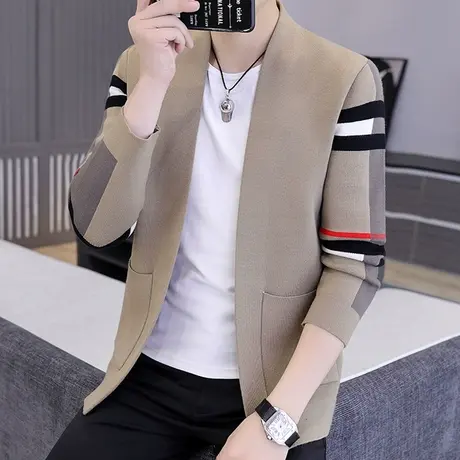 2023新款时尚夹克男士韩版修身条纹针织开衫春季休闲百搭V领外套商品大图