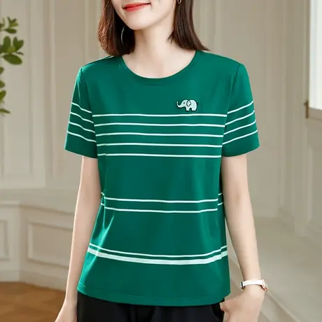 纯棉条纹短袖t恤女2023年夏季新款洋气中年妈妈装减龄半袖体恤衫商品大图