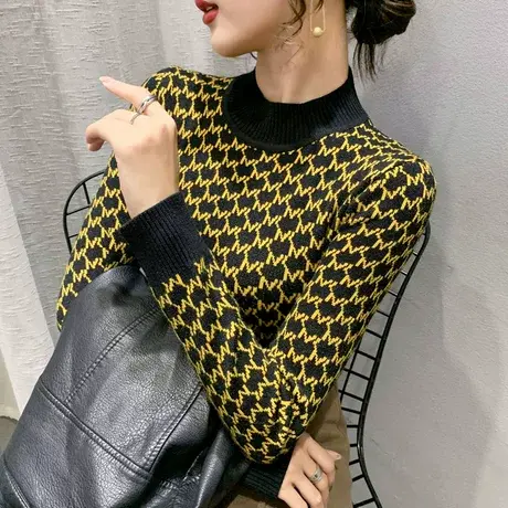 气质提花半高领针织打底衫秋冬季新款修身弹力内搭保暖毛衣女上衣商品大图