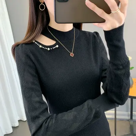 半高领毛衣女蕾丝打底衫2023秋冬新款修身钉珠针织衫泡泡袖上衣潮商品大图
