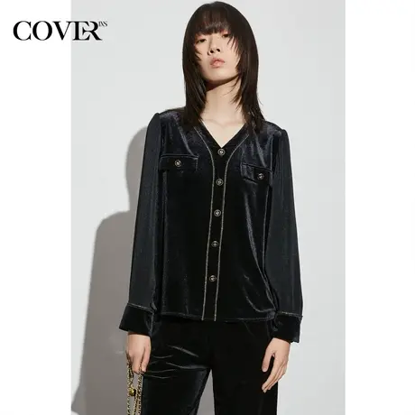 COVER春季丝绒织带黑金配色衬衫图片