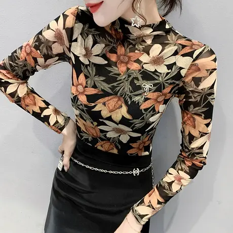 半高领打底衫女春秋2024新款时尚印花网纱长袖T恤紧身内搭上衣潮商品大图