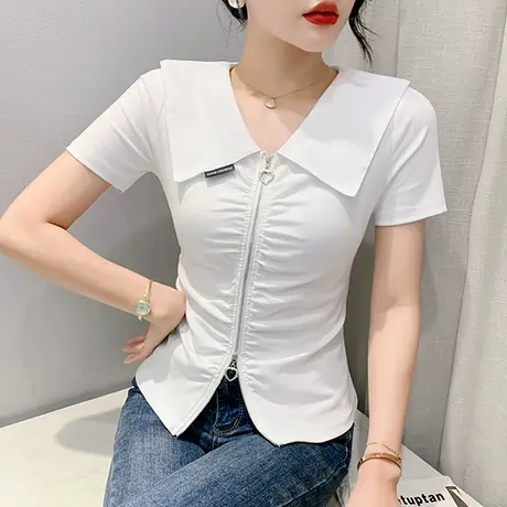 设计感娃娃领上衣女短袖时尚气质拉链T恤ins潮个性网红修身小衫夏图片