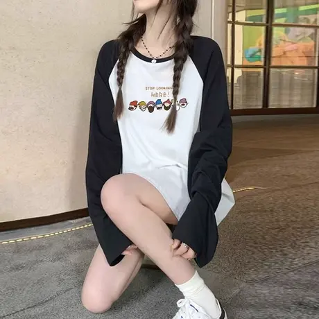 长袖t恤纯棉中长款女学院风2023秋冬新款插肩撞色上衣减龄打底衫图片