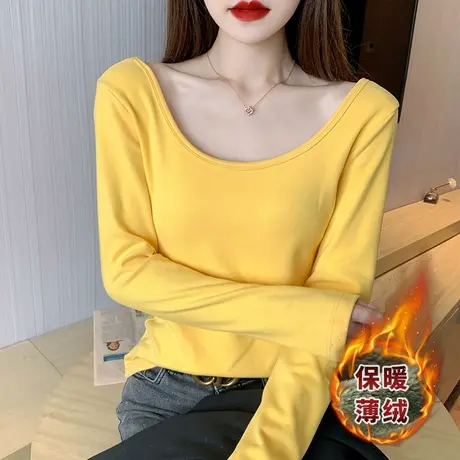 双u领长袖t恤女加绒加厚秋冬保暖内搭黑色打底衫上衣体恤新款商品大图