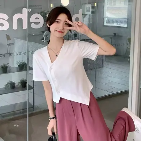 2023夏季新款不规则短袖T恤女时尚洋气百搭设计感修身短袖上衣潮商品大图