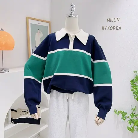 ins风韩系复古休闲软糯毛衣22秋冬款条纹polo翻领撞色针织衫长袖图片