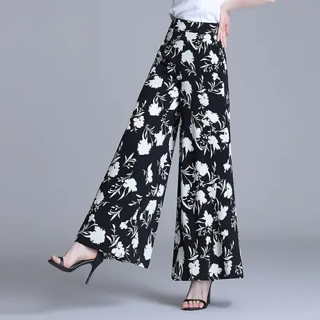 印花裙裤女雪纺阔腿裤薄款长裤子2023夏季高腰宽松冰丝休闲直筒裤商品大图
