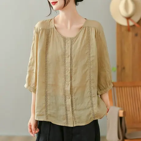 dza 复古镂空苎麻女士衬衫2023夏季薄款白色衬衣宽松棉麻开衫上衣图片