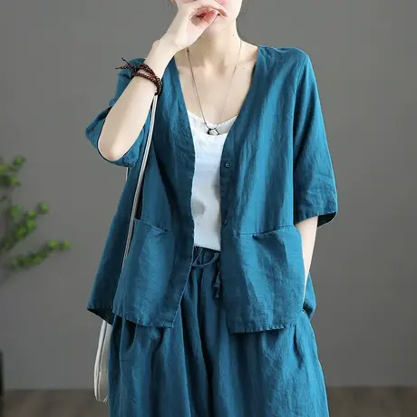 dza 透气棉麻上衣防晒衣服薄款夏季女士短外套新款亚麻七分袖开衫图片