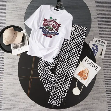 纯棉港风运动服套装女2023新款夏季宽松短袖长裤小个子休闲两件套商品大图