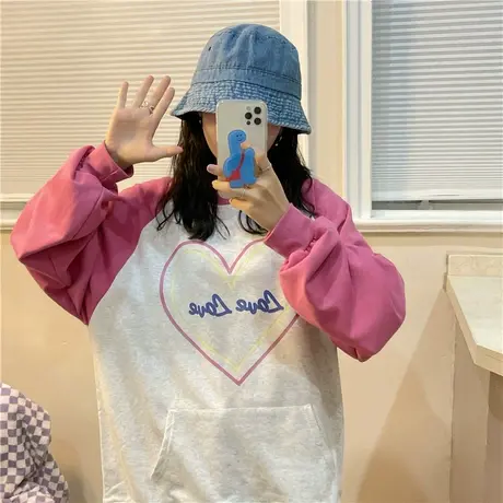 红续ins插肩袖秋季vintage卫衣女美式复古爱心印花宽松小个子上衣图片