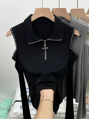 秋冬独特别致露肩polo领上衣设计感小众针织打底衫女内搭长袖t恤图片