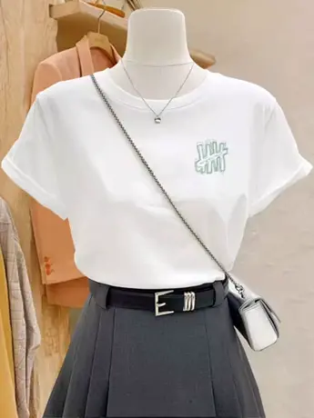 美式复古白色仿棉短袖t恤女士夏季2023新款时尚洋气时髦体恤上衣商品大图