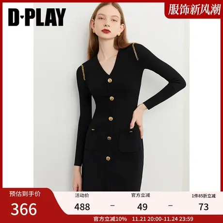DPLAY秋装V领显瘦冰丝针织修身金属扣链条针织连衣裙图片