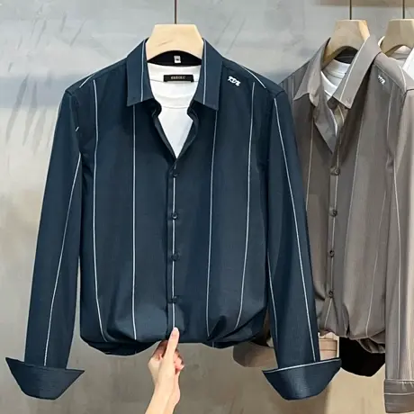 长袖衬衫男韩版潮流商务修身男装上衣服日系条纹男士衬衣春季新款商品大图