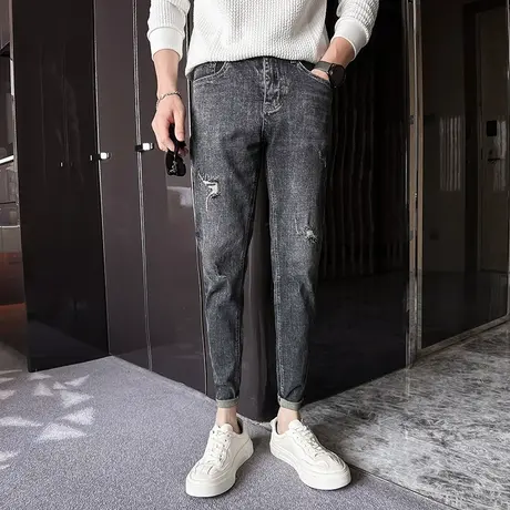 2023秋冬新款灰色破洞牛仔裤男潮高街乞丐小脚裤显瘦长裤个性百搭商品大图