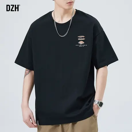 男士黑色纯棉短袖男潮牌潮流2023新款印花体恤宽松五分袖夏季上衣商品大图