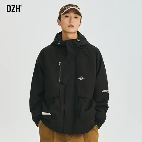 男士黑色连帽外套男春秋款潮大码三防冲锋衣男装2023新款工装夹克商品大图