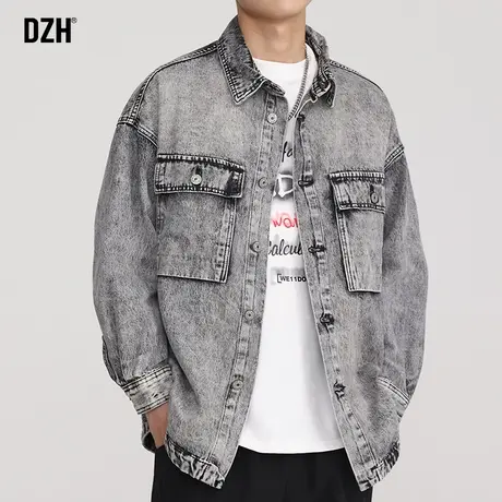 男士烟灰色牛仔外套男春秋潮高级感痞帅男装2023新款工装夹克上衣商品大图