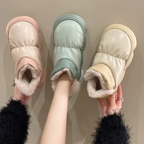 高帮PU皮防水棉拖鞋女包跟室内居家冬季保暖厚底踩屎感可外穿棉鞋商品大图