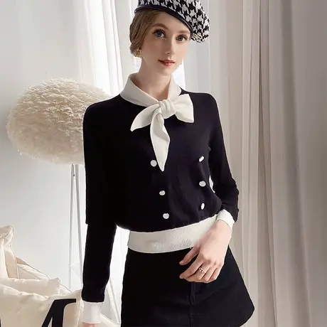 【直播】粉红大布娃娃简约气质拼色小领结毛衫商品大图