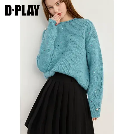 DPLAY春慵懒风蓝色圆领卷边花苞袖细闪亮片含羊毛针织毛衣商品大图