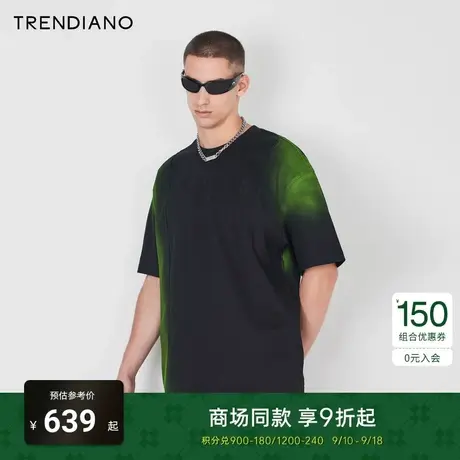 【极光印花】TRENDIANO轻奢纯棉T恤2023夏款黑色短袖上衣宽松潮牌商品大图