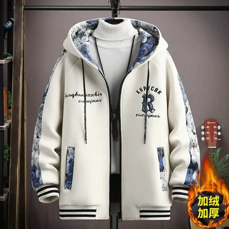 青少年加绒加厚外套男初中高中学生棒球服夹克帅气大童秋冬装棉服商品大图