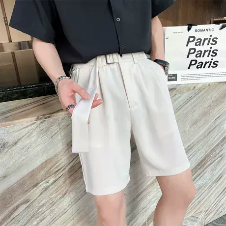 夏季男士短裤五分裤裤子沙滩裤网红宽松纯色腰带西裤休闲潮流运动商品大图