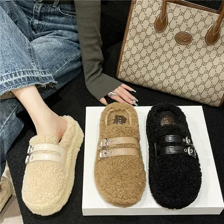 小众毛毛拖鞋女外穿2023年新款懒人厚底包头半拖羊羔毛棉鞋ins潮图片