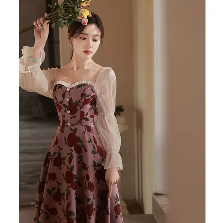 订婚礼服女红色连衣裙夏季2024新款高级感小个子平时可穿玫瑰骑士商品大图