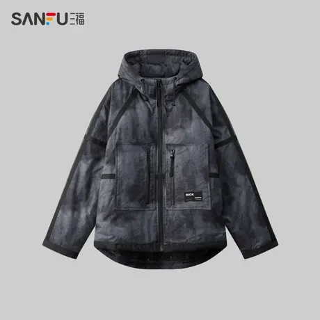 三福2023冬季男士斑驳废土洗褪短棉衣 潮流连帽外套男481346图片