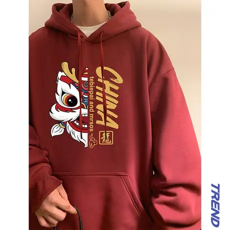 加绒卫衣男春秋季情侣宽松加厚保暖连帽上衣潮流醒狮印花套头外套商品大图