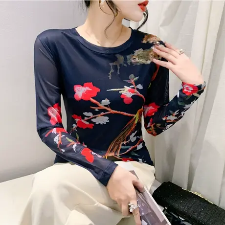 欧货复古圆领长袖打底衫春秋网纱印花洋气内塔上衣女修身百塔T恤图片