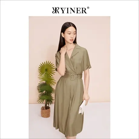 YINER音儿女装2023夏季西装领卡其色收腰显瘦连衣裙图片