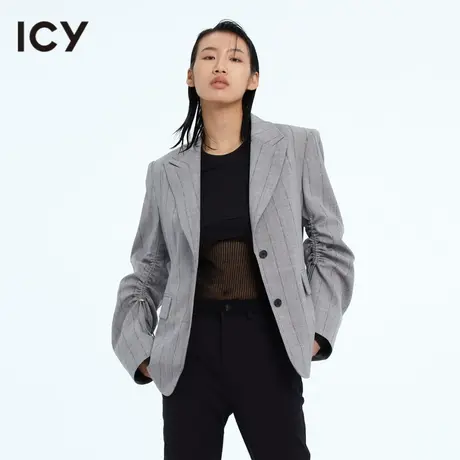 icy女装原创春季新款复古风时尚简约翻领侧边系带条纹西装外套女图片