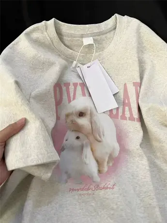 燕麦色美式高街可爱兔子短袖T恤女夏季宽松ins潮牌纯棉半袖上衣服商品大图