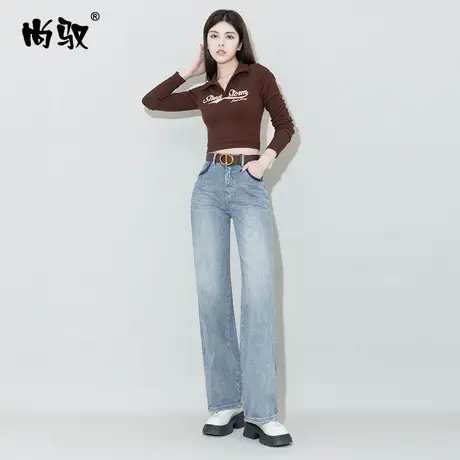 尚驭蓝色弹力高腰牛仔直筒裤女春季新款韩版休闲拖地裤显高显瘦潮商品大图