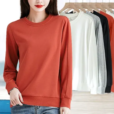 无帽圆领套头卫衣女春秋季新款简约休闲长袖纯色百搭显瘦打底上衣商品大图