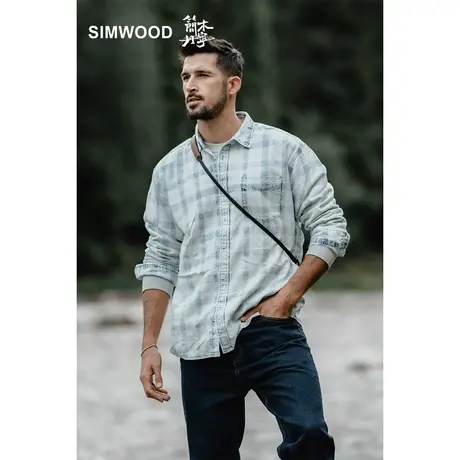 Simwood简木丹宁【宽松版型】秋季5.7盎司重炒漂蓝白格牛仔衬衫商品大图