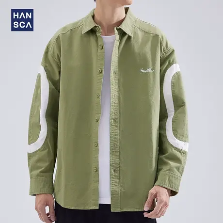 hansca衬衫男士长袖高级感撞色宽松潮流春季纯棉休闲百搭衬衣外套图片