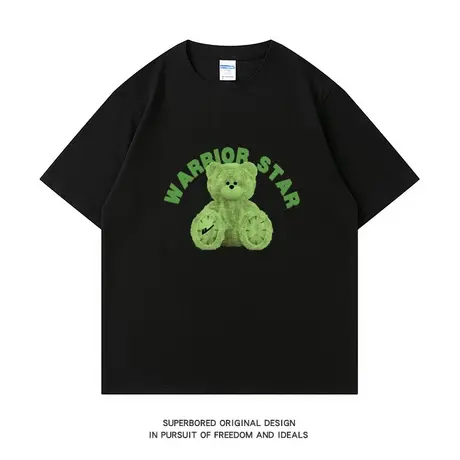 美式复古绿色小熊印花纯棉短袖T恤男ins潮牌街头夏季情侣宽松上衣商品大图