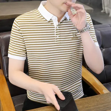 2024男士条纹短袖T恤翻领半袖POLO衫男士高品质夏季薄款保罗体恤图片