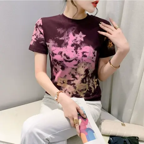 欧货女装圆领T恤女短袖设计感印花烫钻上衣气质减龄修身打底衫潮商品大图