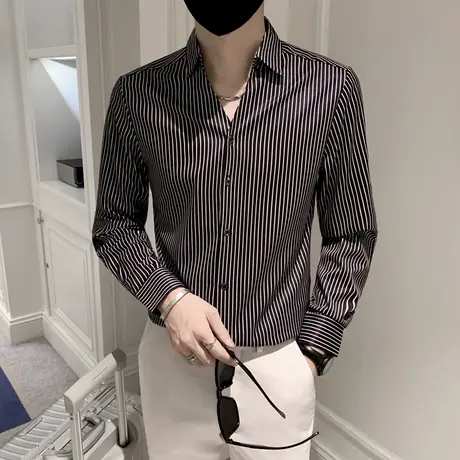 高级感衬衫男士长袖潮流韩版春夏季发型师条纹衬衣网红V领休闲夏商品大图