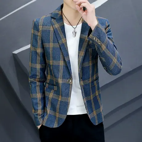 男士休闲格子西装秋季英伦雅痞帅单西上衣潮流新款男装小西服外套商品大图