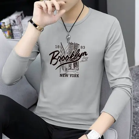 莫代尔长袖t恤男潮流秋季小衫圆领上衣服印花打底衫体恤内搭秋衣商品大图